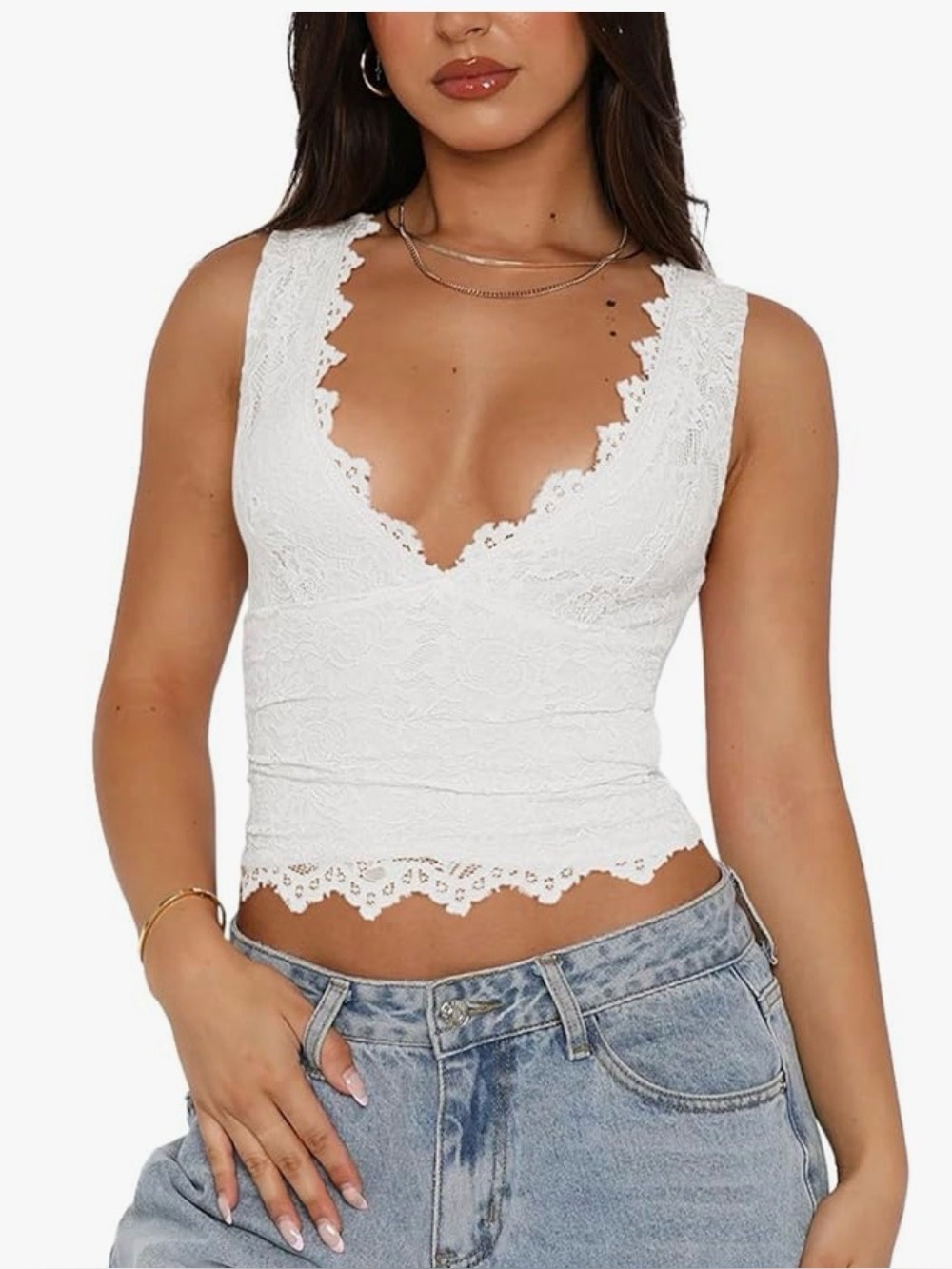 ReoRia White Lace V-Neck Cropped Tank